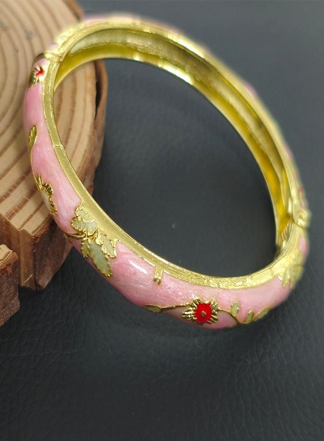 BlingNook Cloisonne Bracelet For Women, Chunky Bangle Trendy Cute Flower Enamel Bangles Multi Tone Engraved Cuff Gold Plated Bracelets Stackable Wife Jewelry Friendship Gift (Blue&Pink Set, One Size) - Image 3